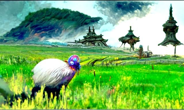 Pastoral Scene with Peacocks in Surreal Style