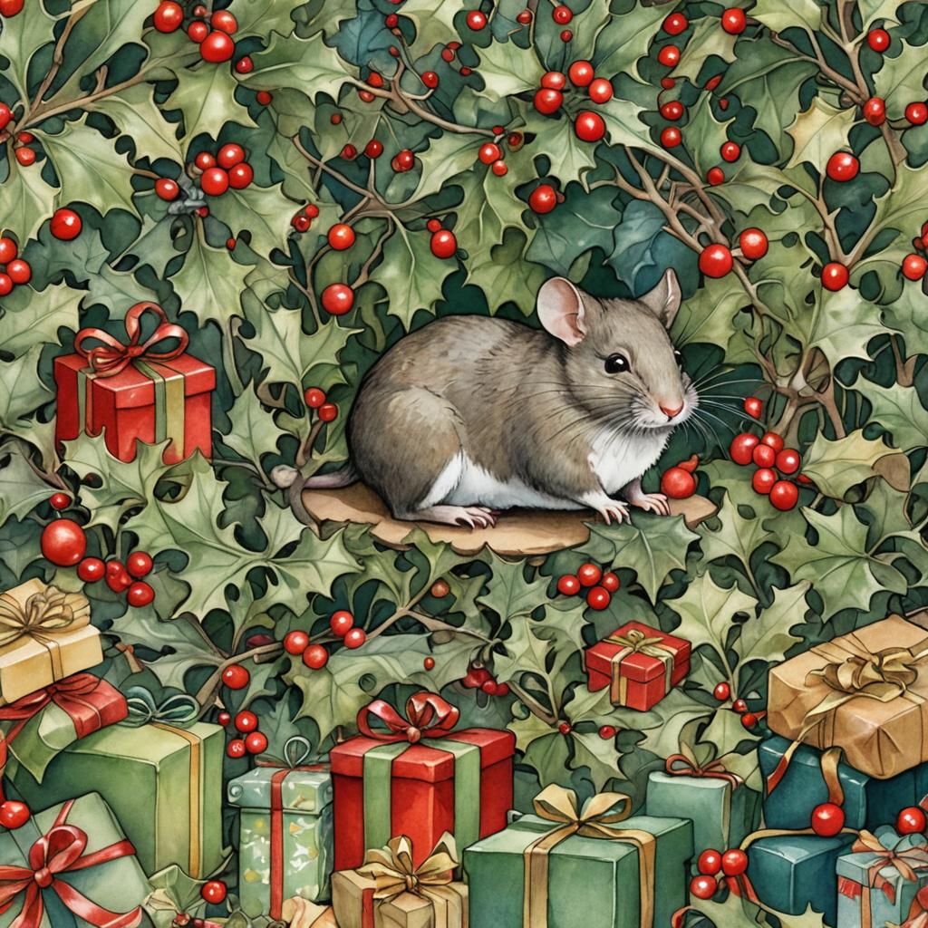 Art Nouveau Christmas Scene with Mouse Family