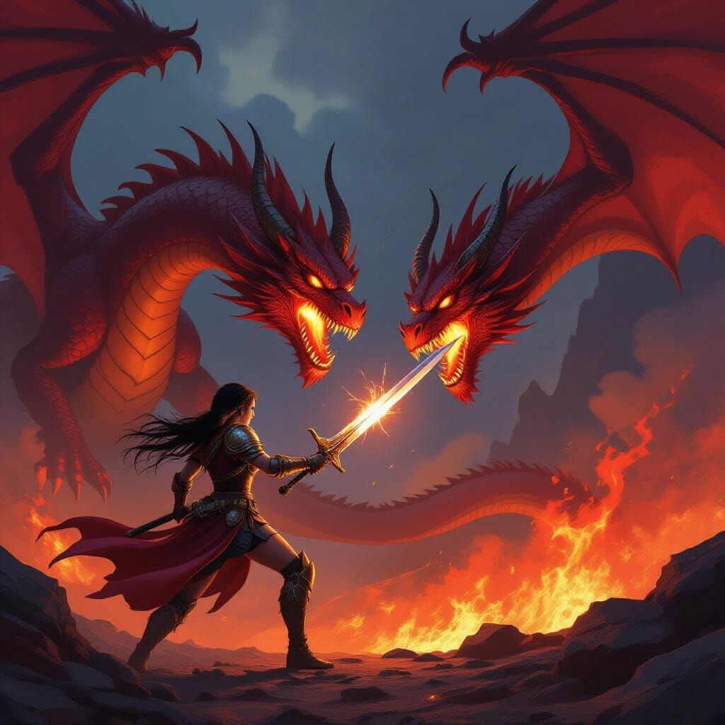 Warrior Girl Battles Fiery Three-Headed Dragon in Epic Fanta...
