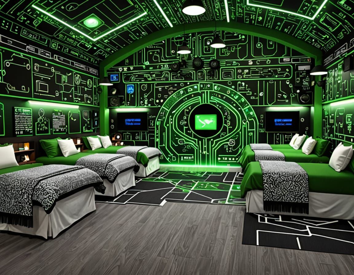 Hyper Realistic Monochromatic Tech Bedroom in Silicon Valley...