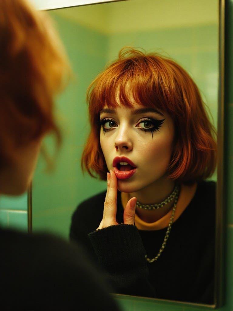Introspective Woman with Bold Eyeliner in Retro Bathroom