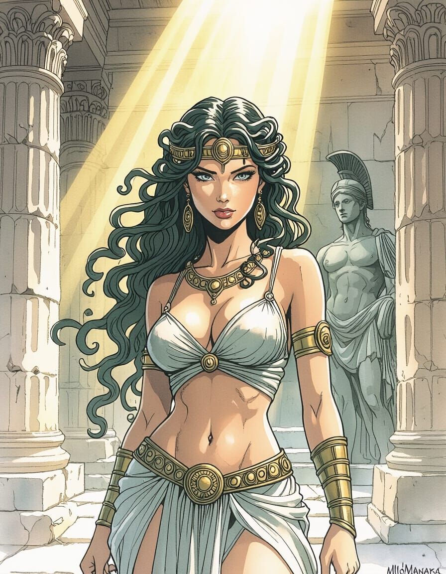 Attractive Medusa as Greek Goddess in Ancient Temple