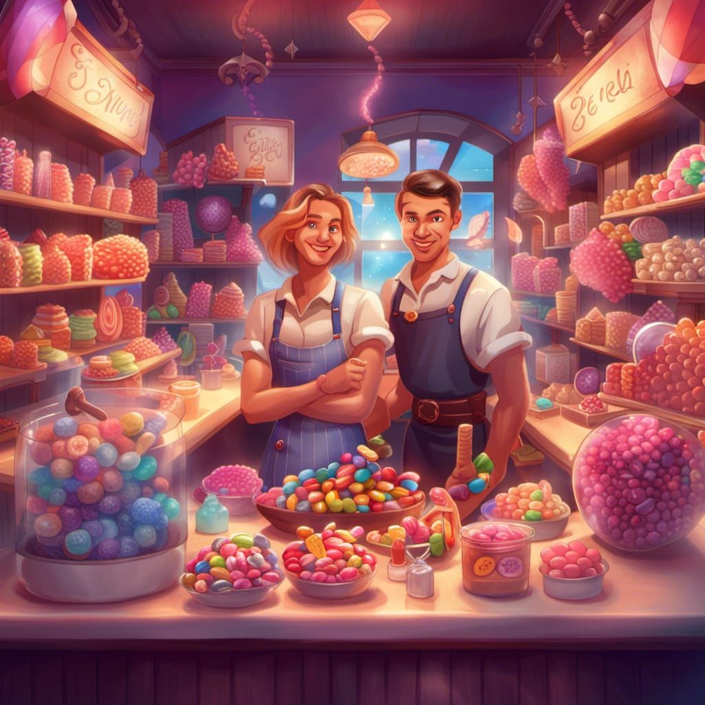 Magical Candy Shop with Smiling Couple