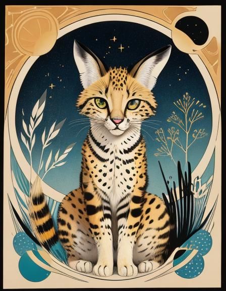 Bright Serval Portrait in Tingatinga Ukiyo-e Style