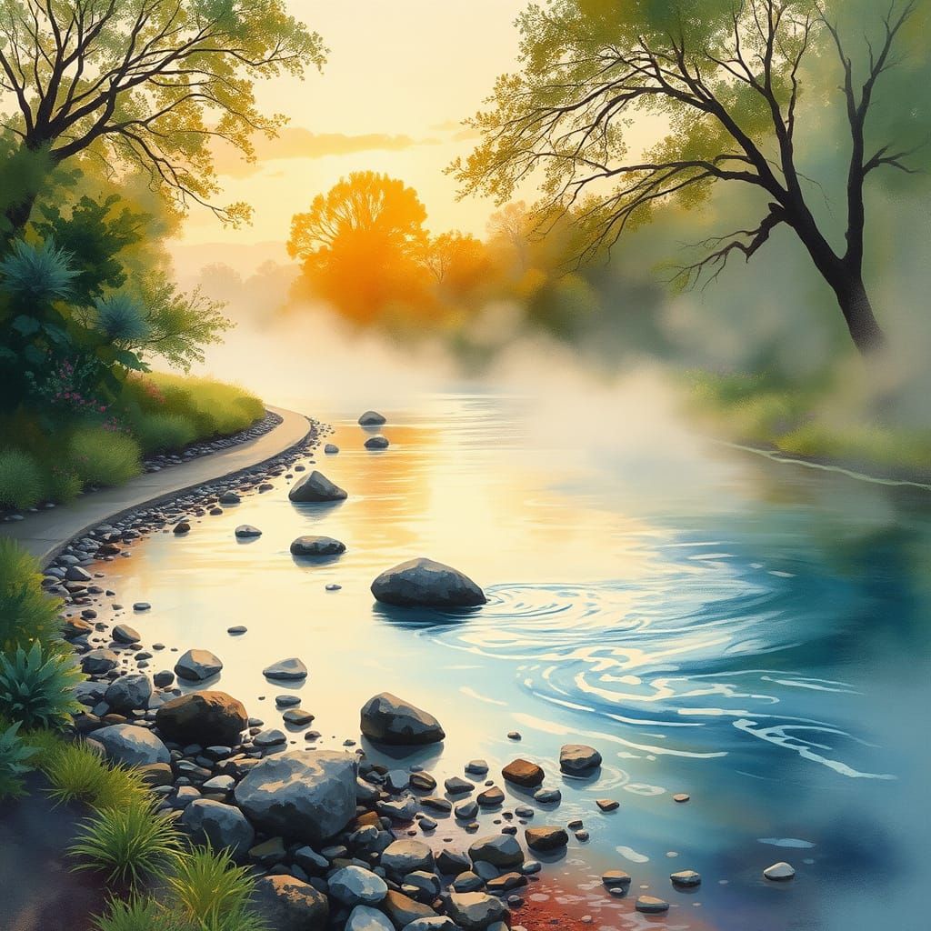 Serene Sunset River Scene in Watercolor