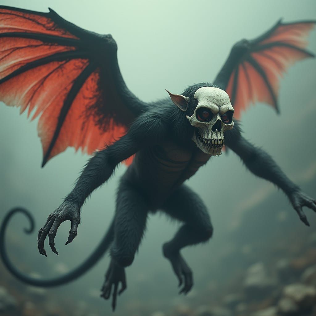 Skull Faced Winged Monkey in Misty Atmosphere