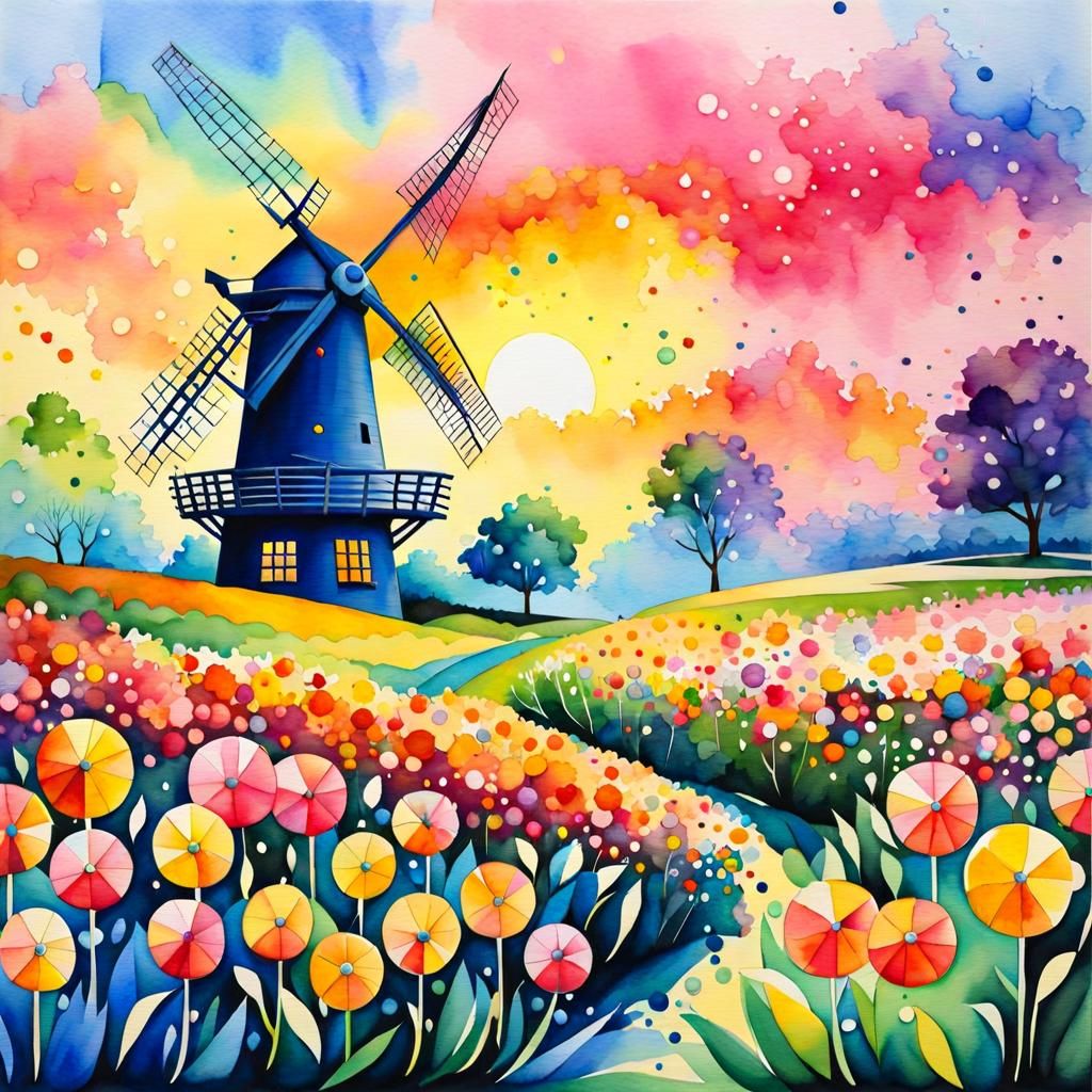 Polychromatic Flower Field in Watercolor Inksplatter Style