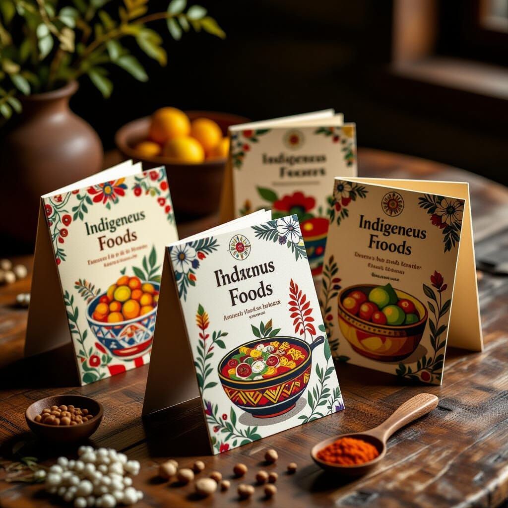 Miniature Booklets of Indigenous Foods on Wooden Table