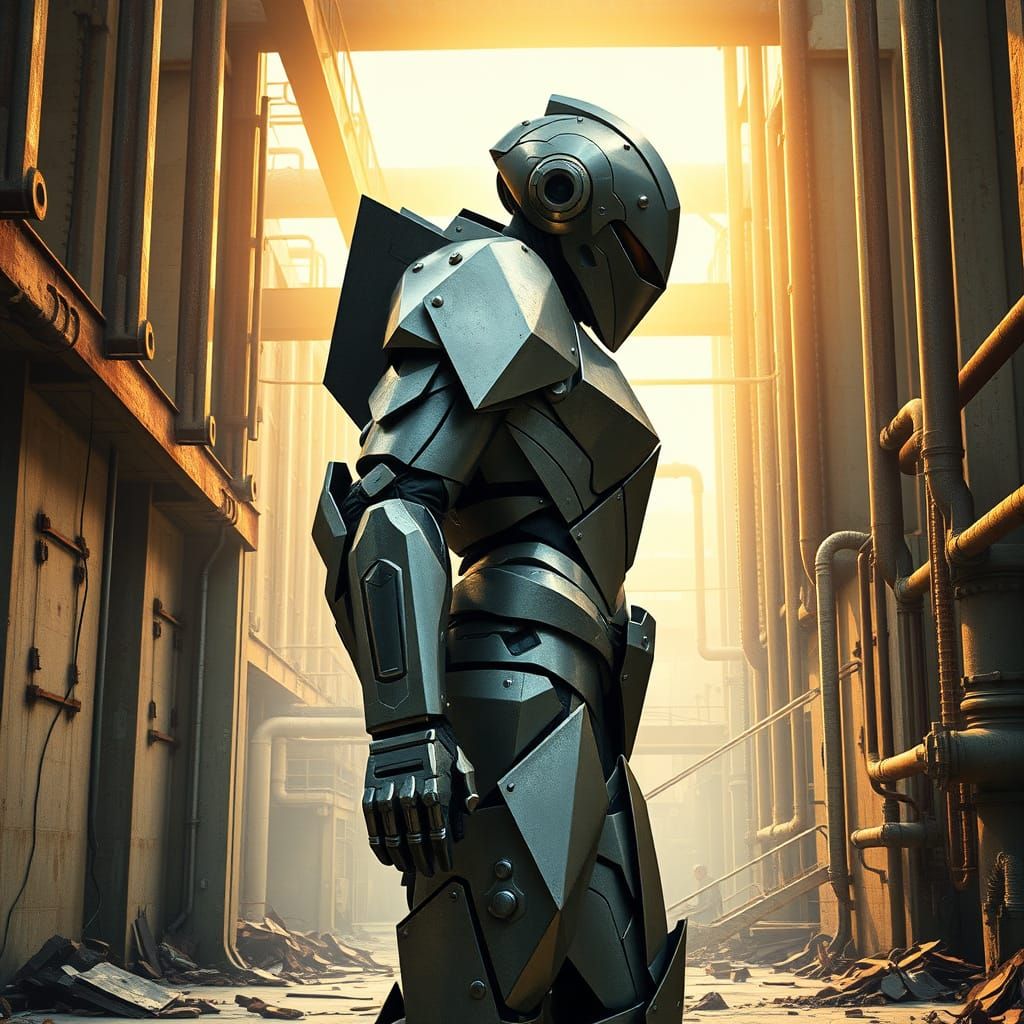 Futuristic Warrior in Cubist-Inspired Metallic Exosuit