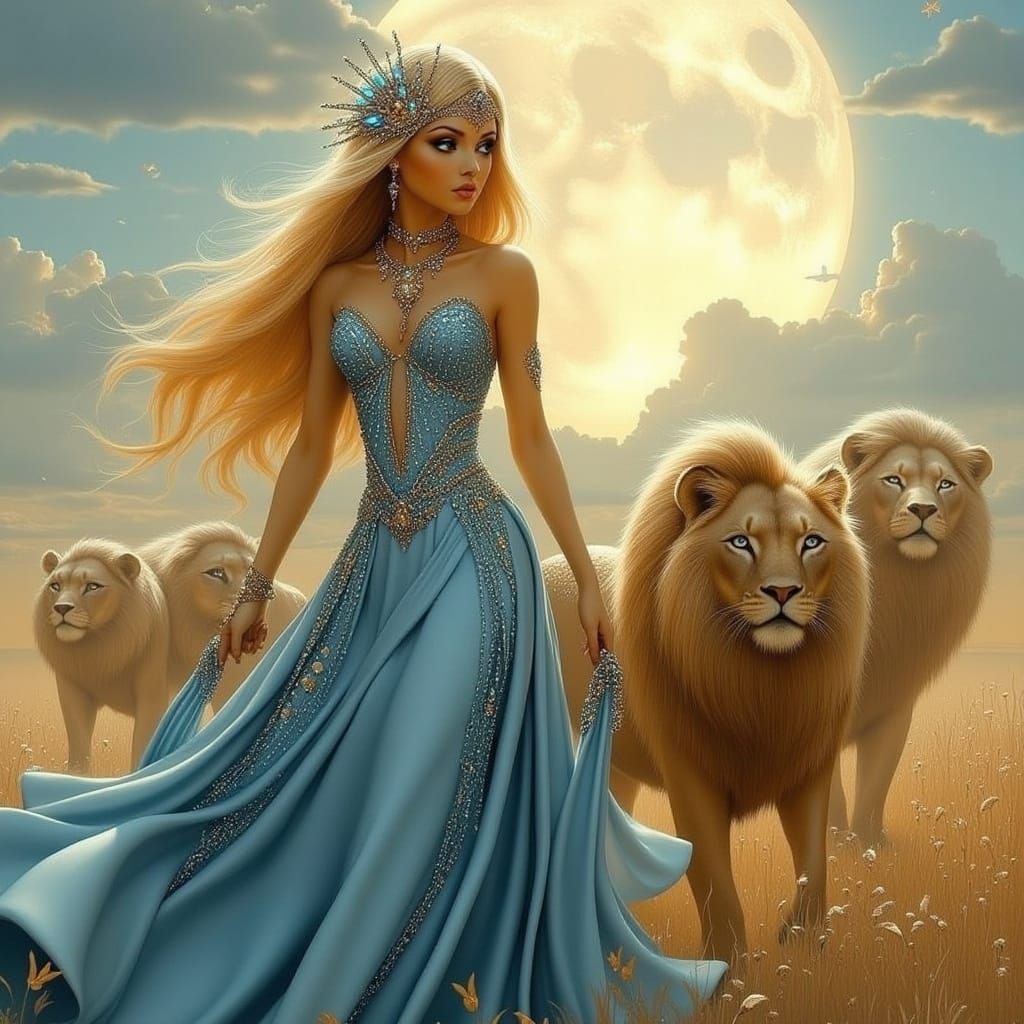 Woman with Lions on Destiny's Path