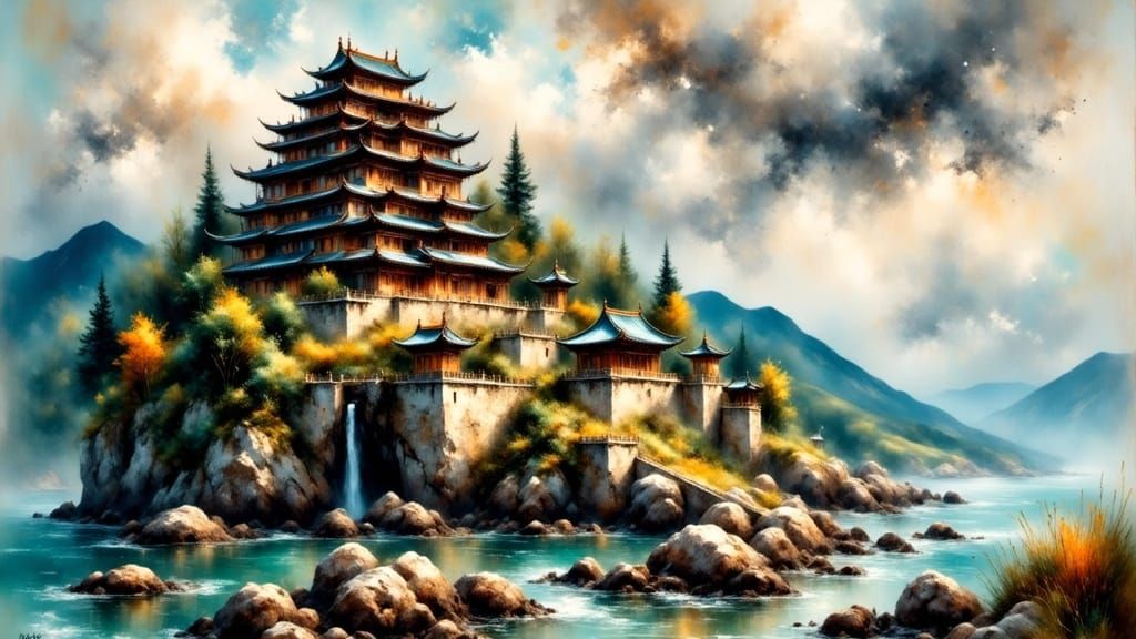 Chinese Temple Amidst Stormy Skies in Impressionist Style