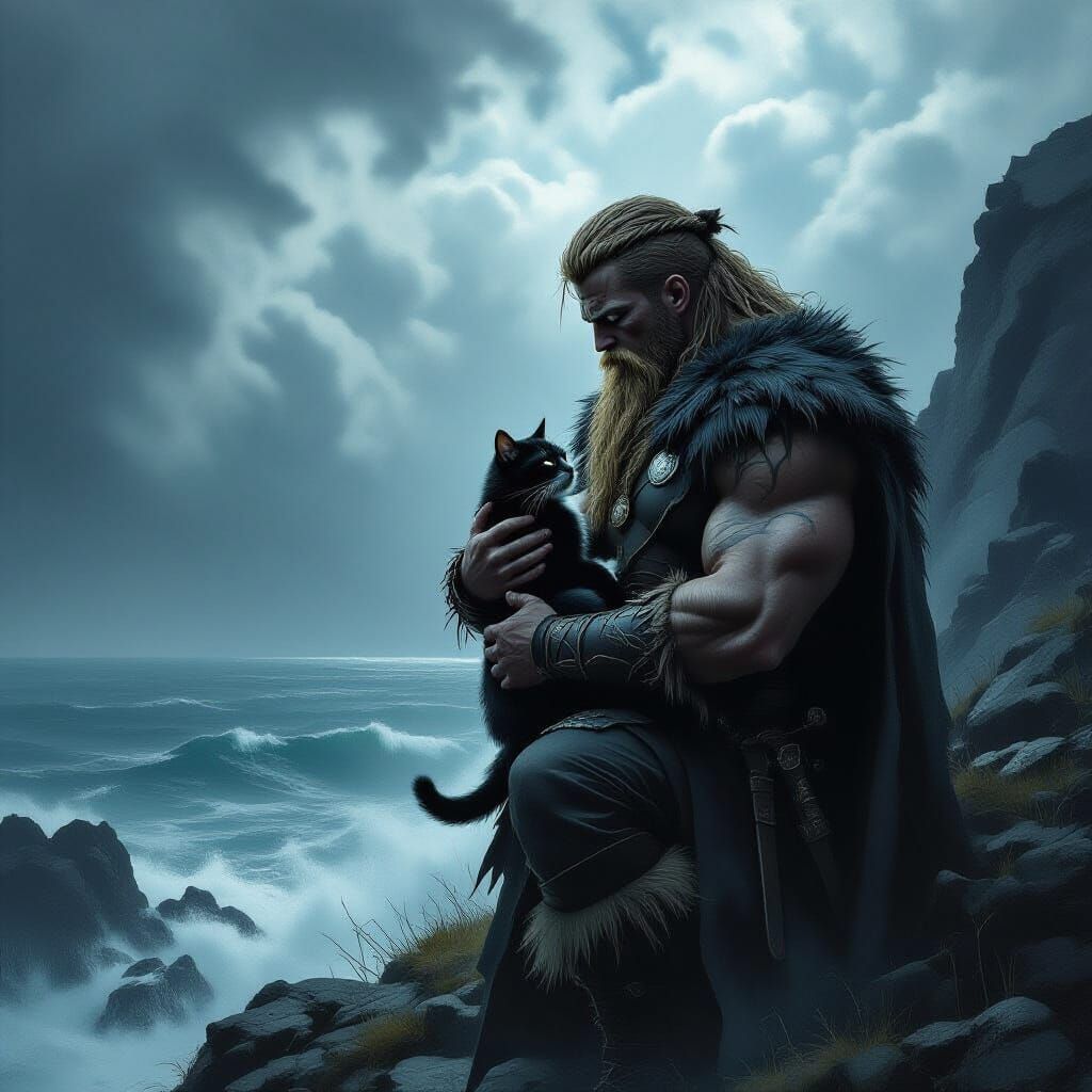 Viking Warrior Tenders Cat on Stormy Cliff