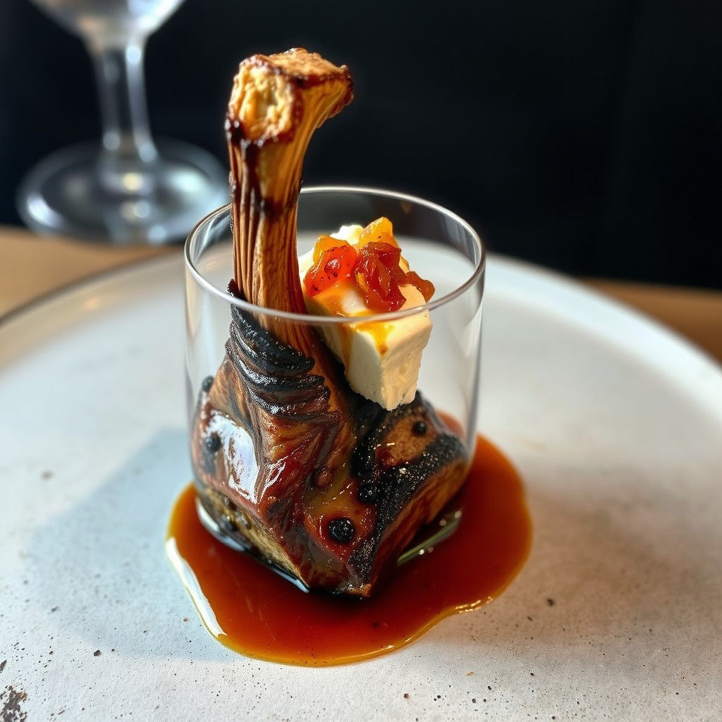 Slow-roasted lemur shank. Served with apricot pie and brined...