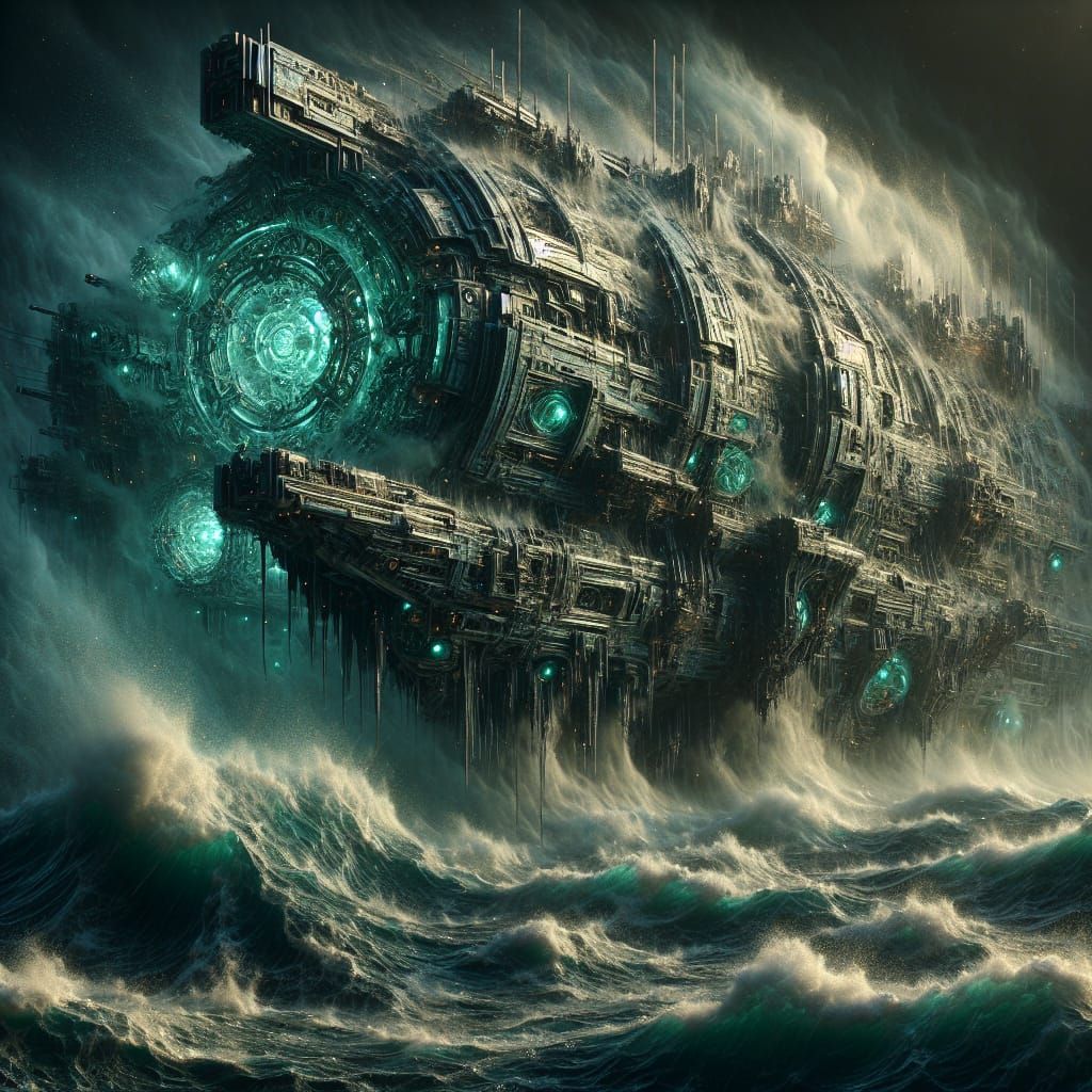 Mysterious Biomechanical Vessel Suspended Over Turbulent Wav...