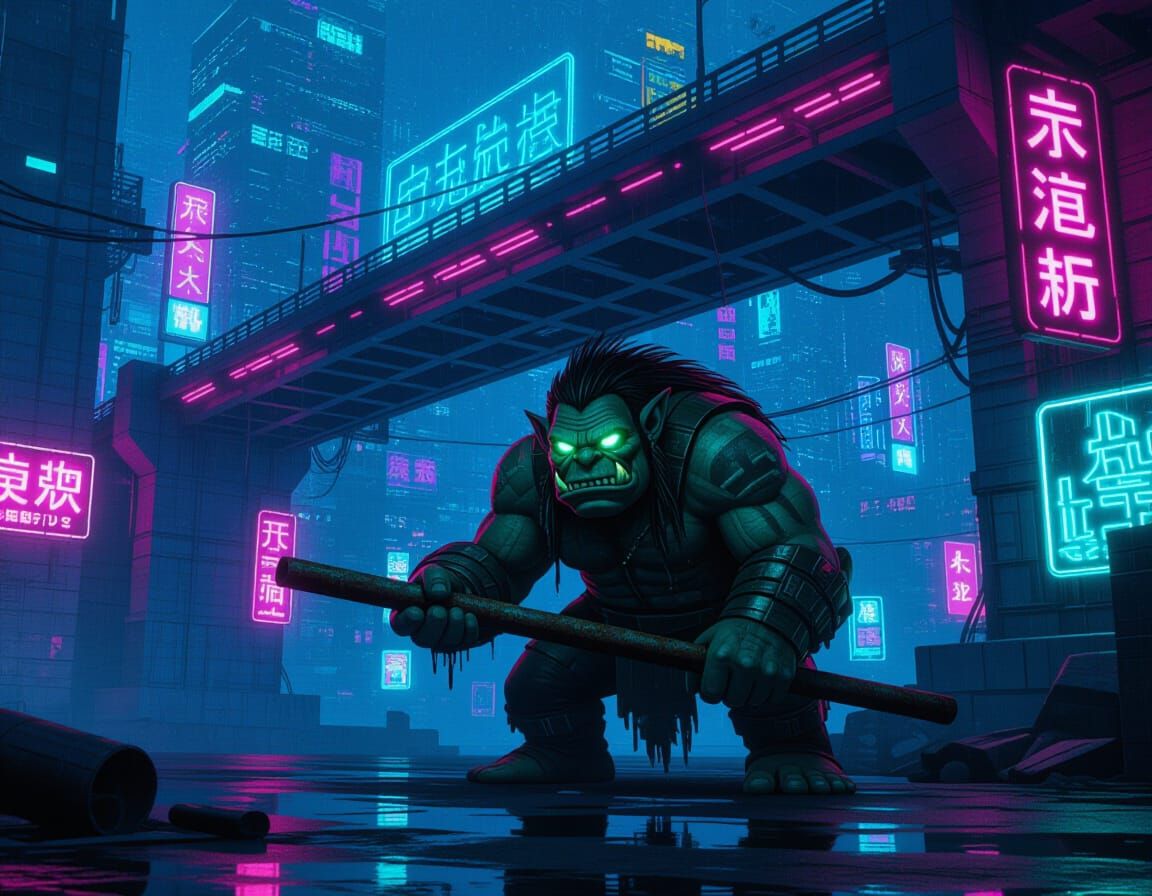 Cyberpunk Troll in Neon City: Virtual Reality Scene