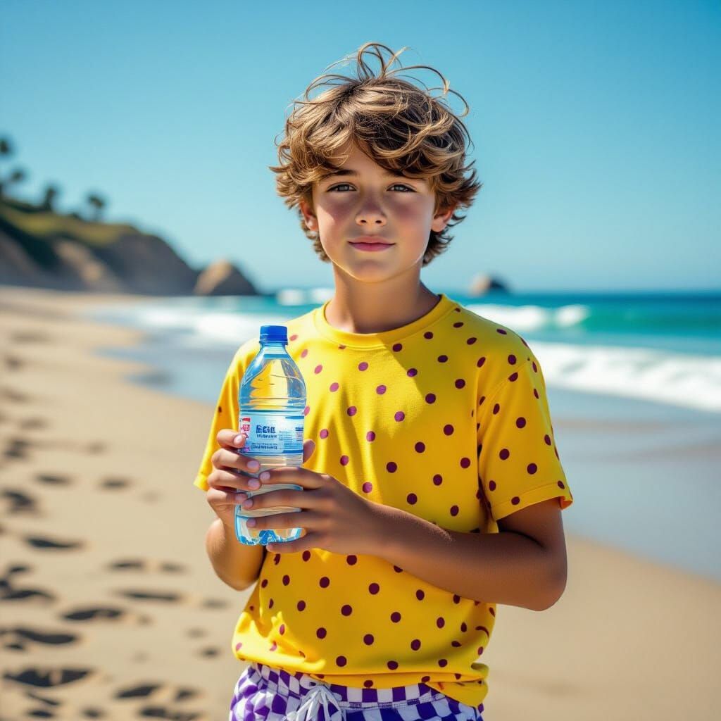 Teenage Boy with Violet T-Shirt at Californian Beach Holding...