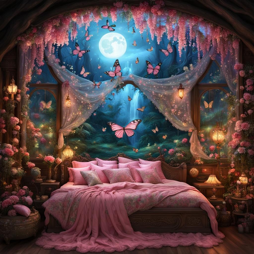 Enchanted Bed in Fairy Forest Cabin, Digital Painting