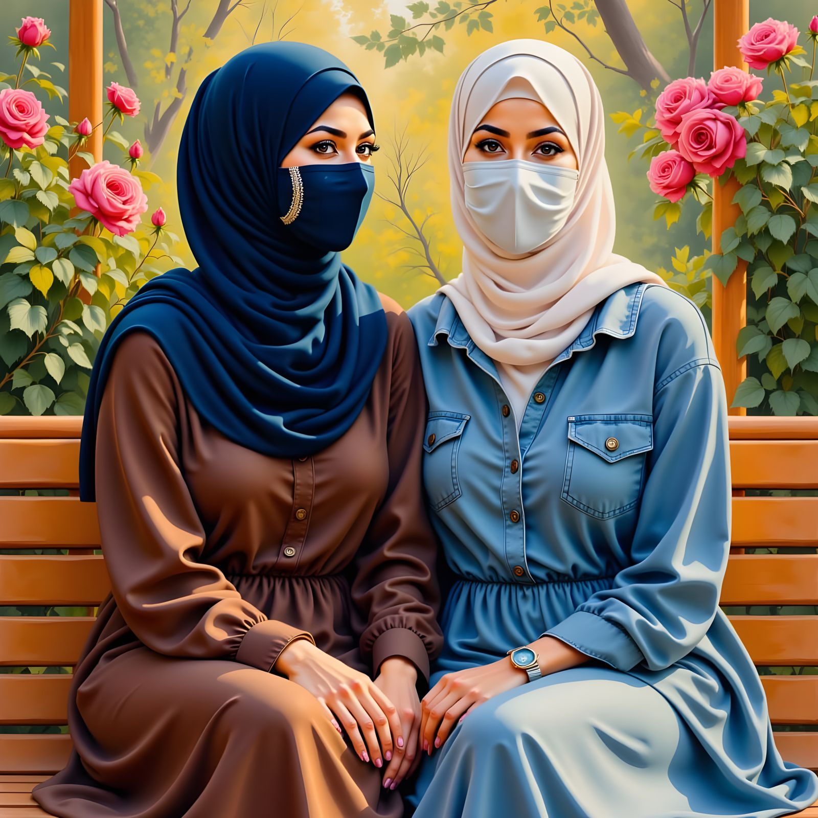 Serene Hijabi Friends at Bus Stop in Oil Gouache Style