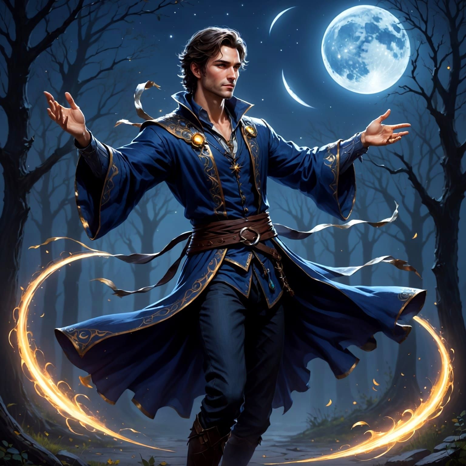 Powerful Mage Dancing Under Moonlight in Video Game Style