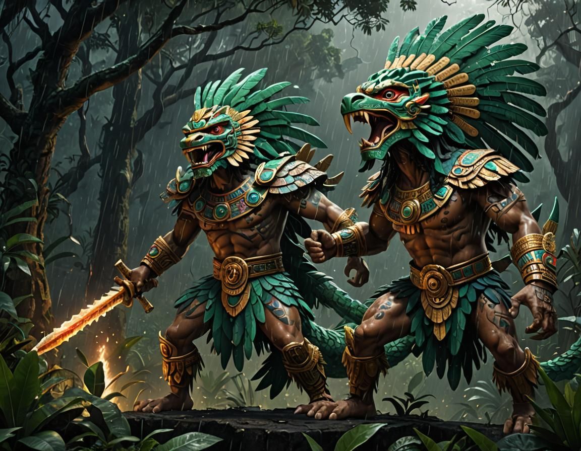 Tezcatlipoca and Quetzalcoatl Epic Battle in Photorealism