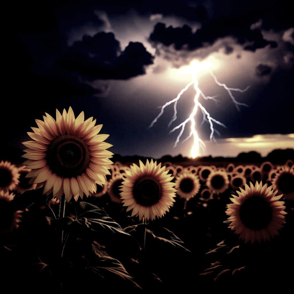 Hopeful Sunflowers Endure Lightning Storm