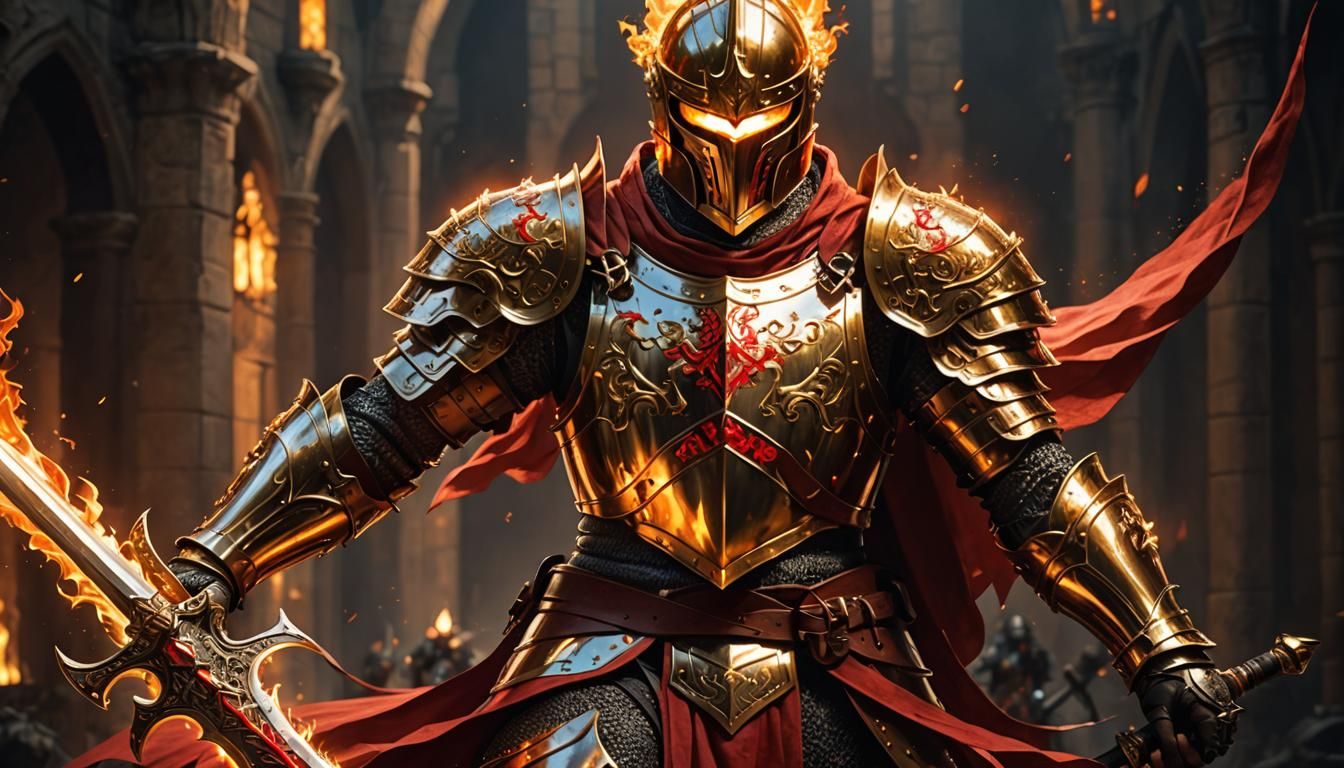 Knight in Golden Armor with Flaming Sword
