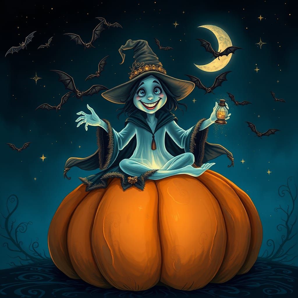 Ghostly Witch Orchestrates Night on Plush Pumpkin