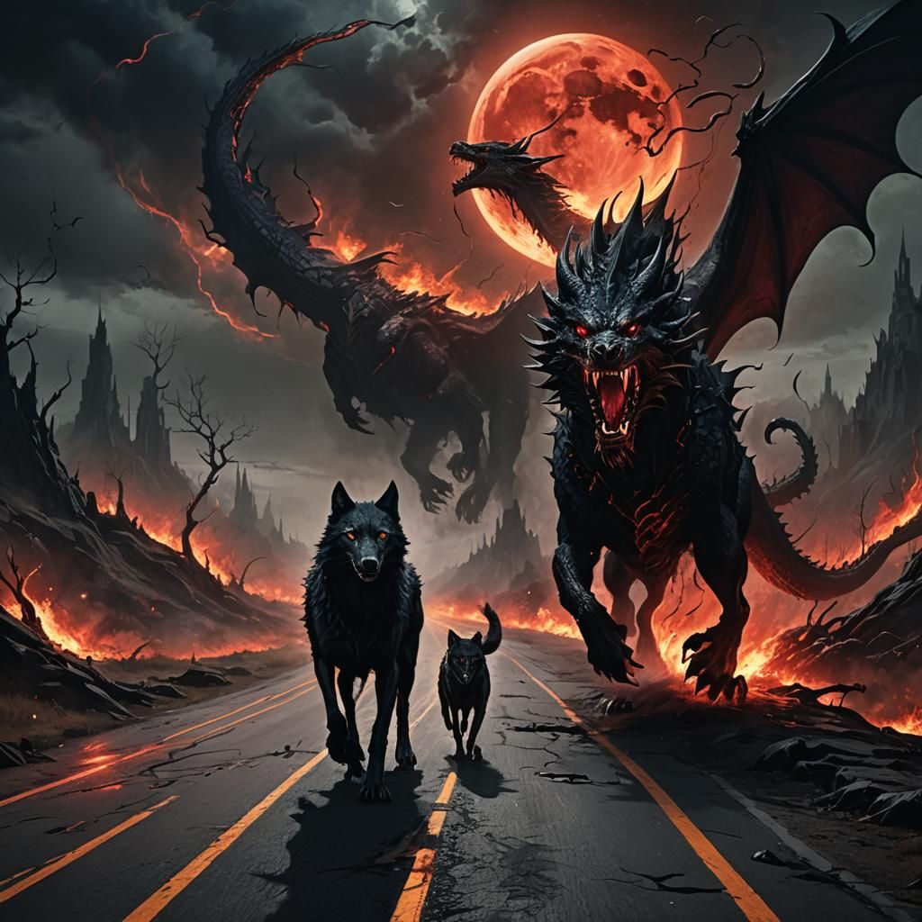 Epic Dragon and Wolf Battle Under Blood Moon