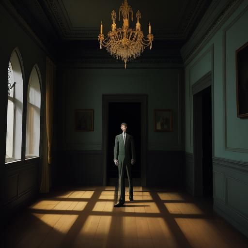 Androgynous Boy in Gothic Mansion Foyer, Atmospheric Oil Pai...