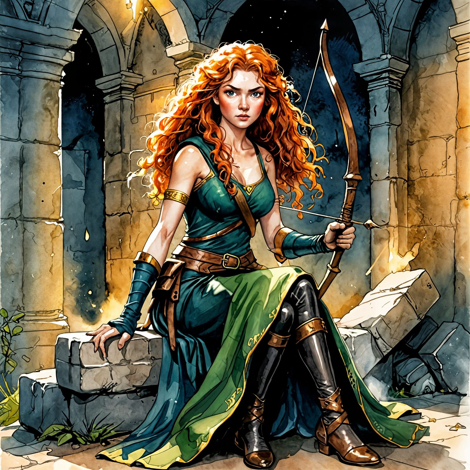 Grimdark Watercolor of Merida with Longbow
