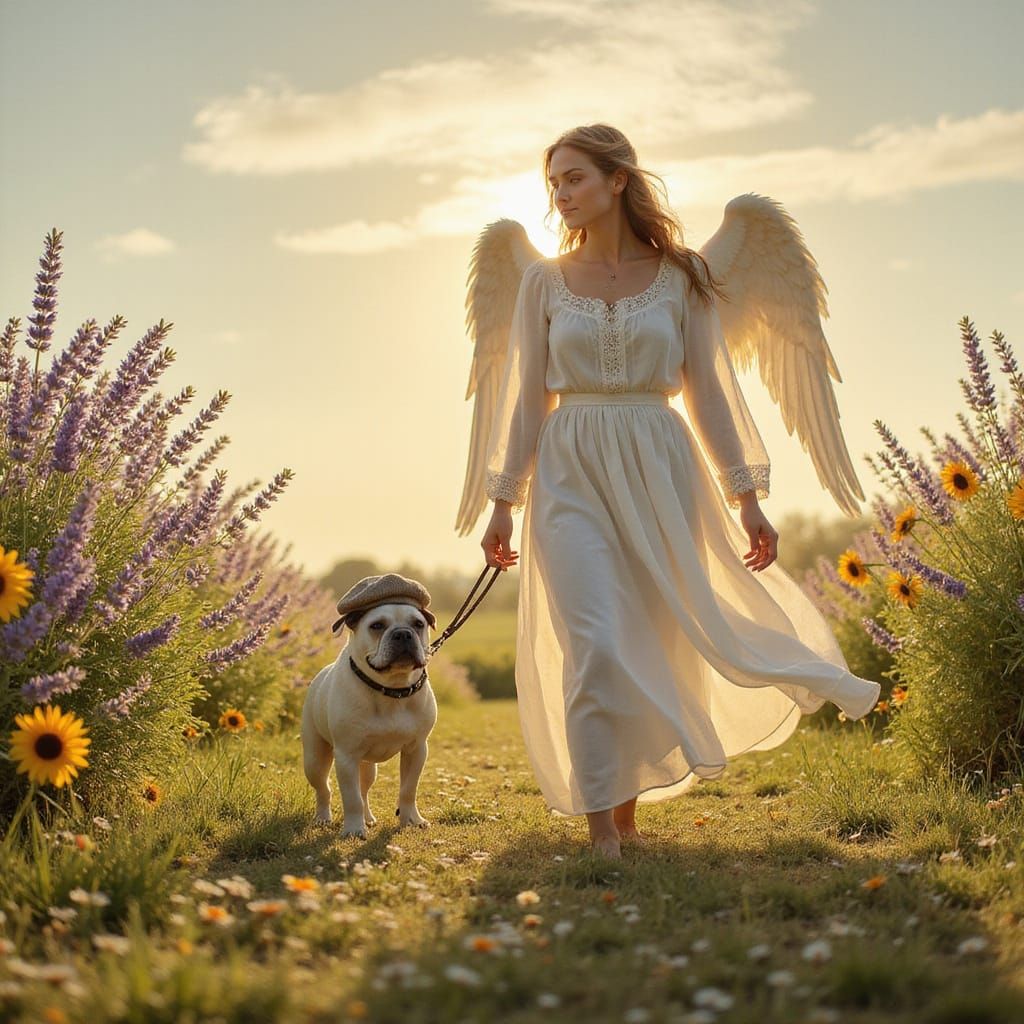 French Angel Strolls with French Bulldog through a Lush Fiel...