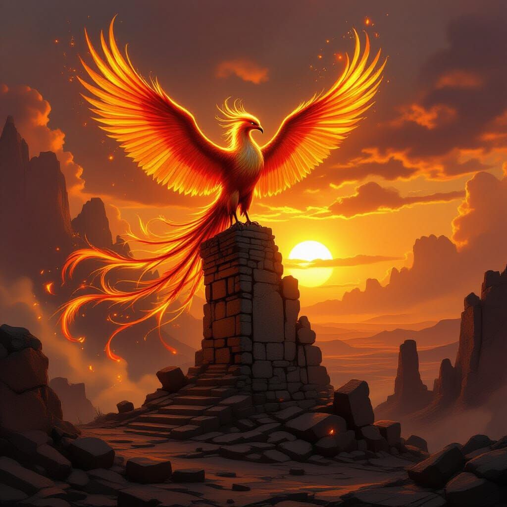 Majestic Phoenix on Ancient Ruins in Golden Sunset