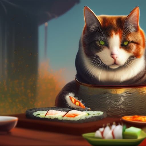Cat Eating Sushi: Detailed Fantasy Concept Art