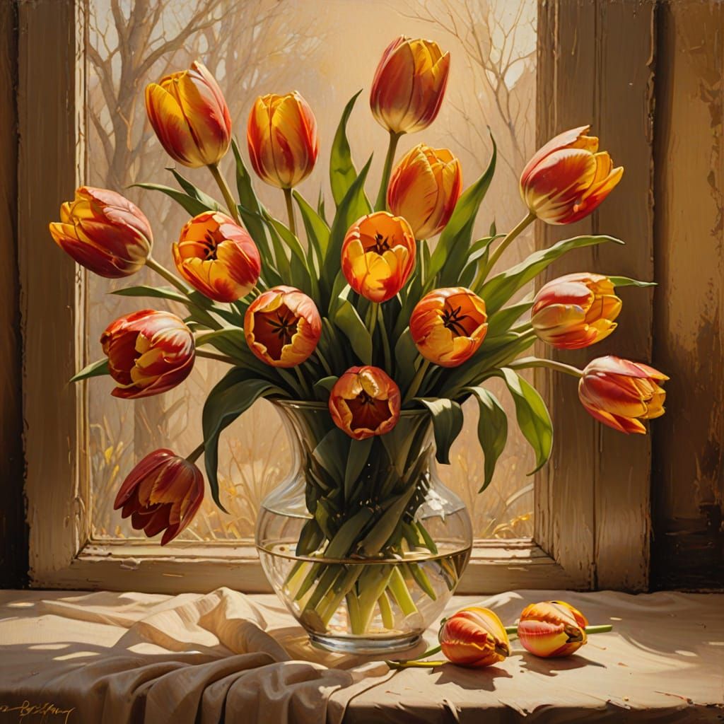 Impressionist Tulips Still Life in Sepia Tones
