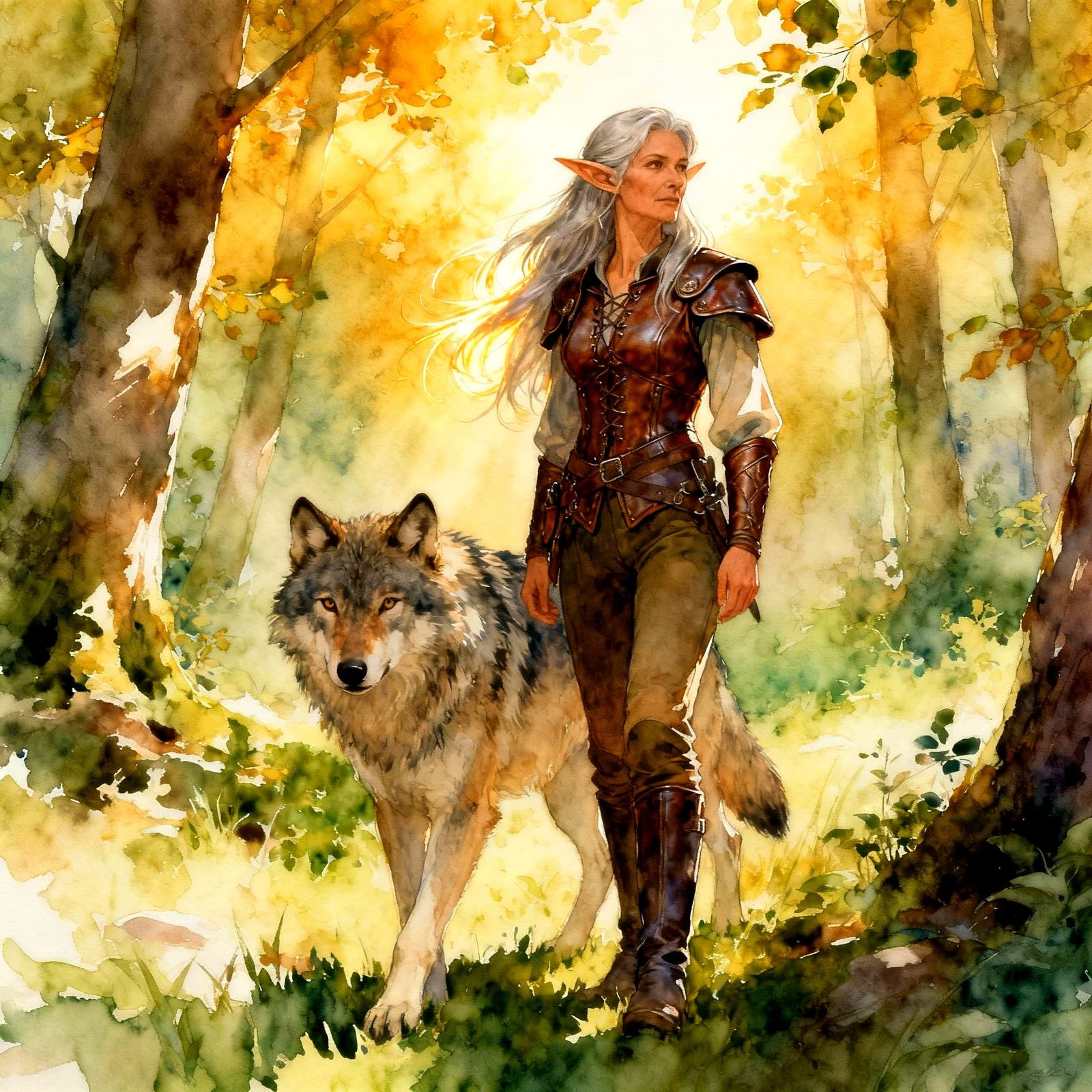 Elf and Wolf in Sun-Kissed Forest: Storybook Illustration