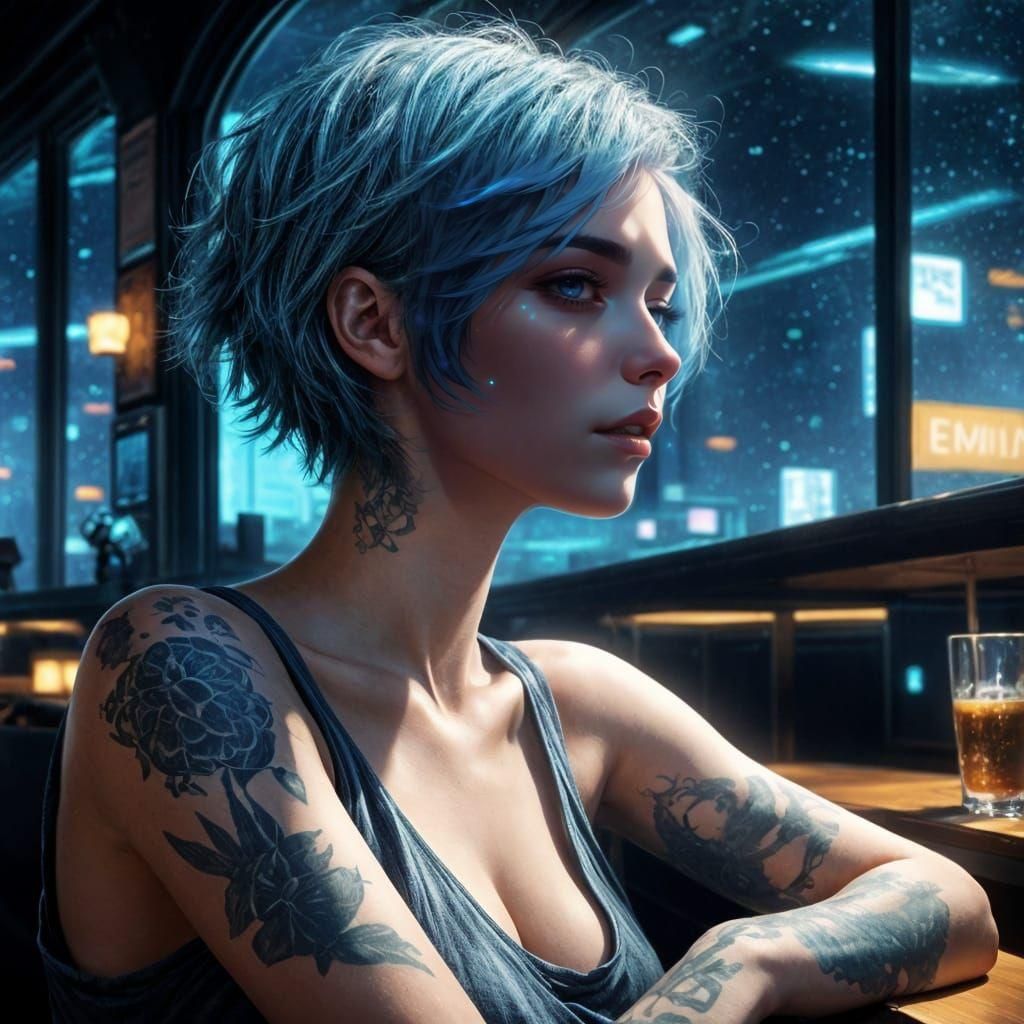 Sci-Fi Bar Scene with Woman in Graphic Novel Style