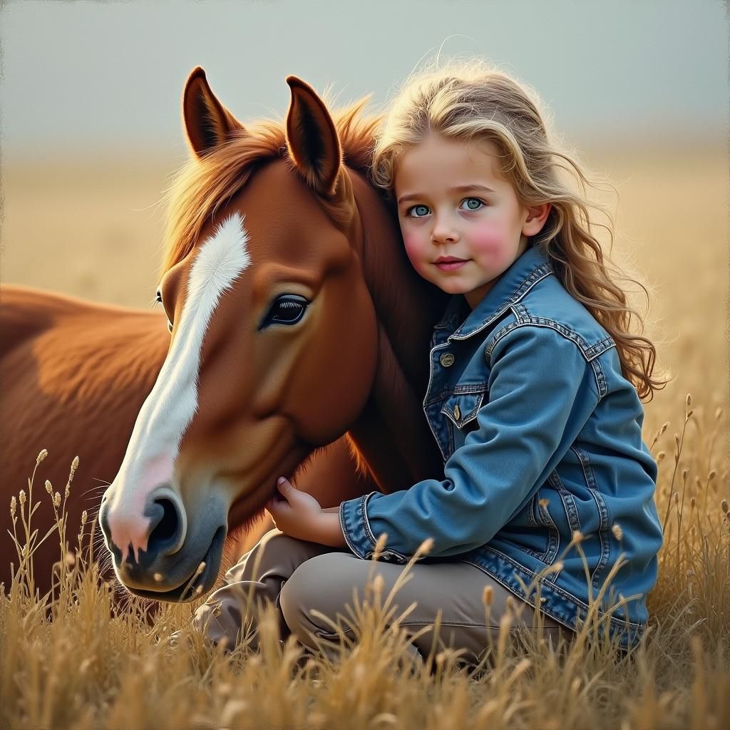 Girl and Pony in Summer Field as Impasto Painting