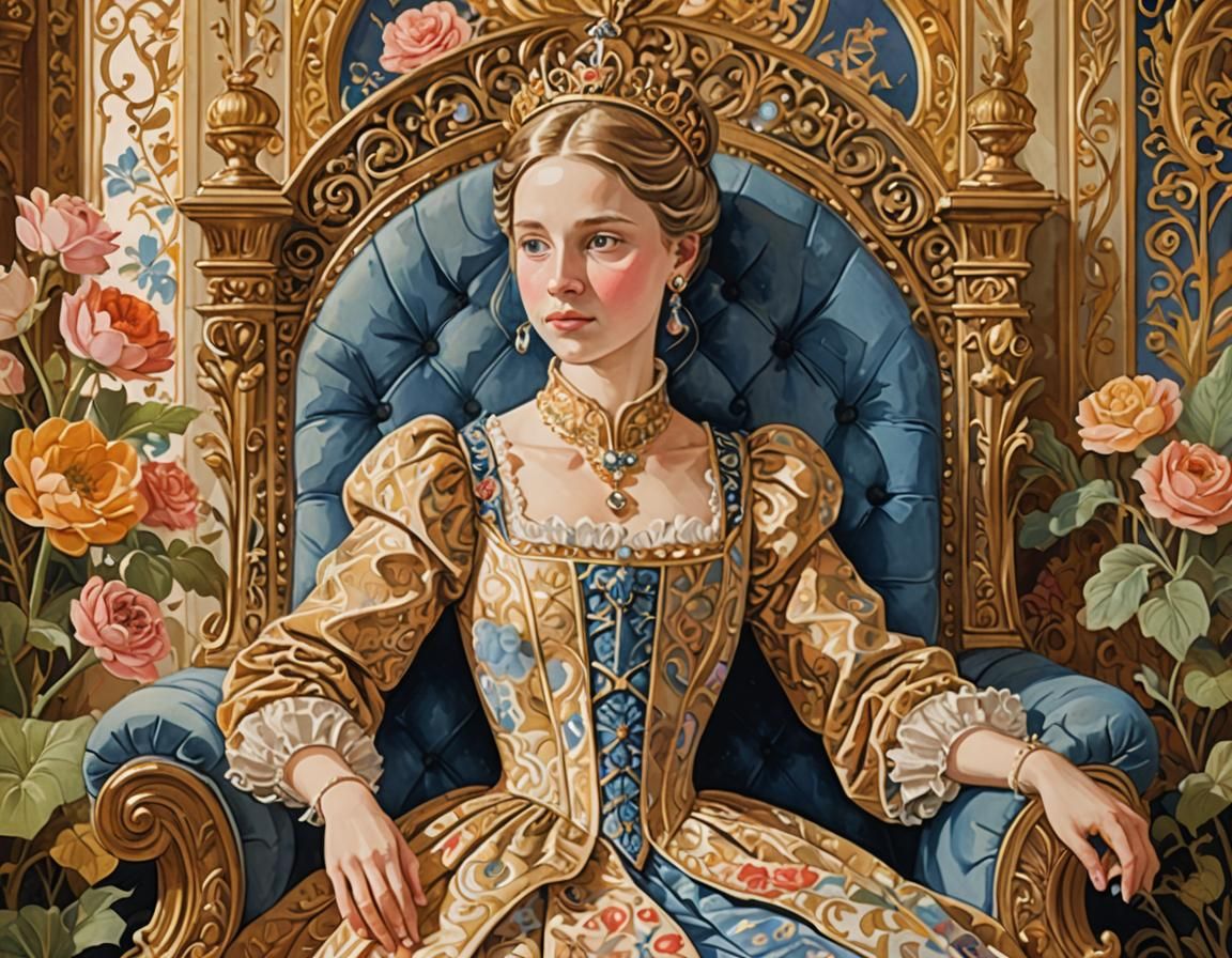 Princess on Throne: Gouache Painting in Potter Style