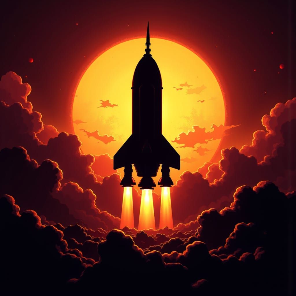 Rocket Ship Silhouette Against a Blazing Sun