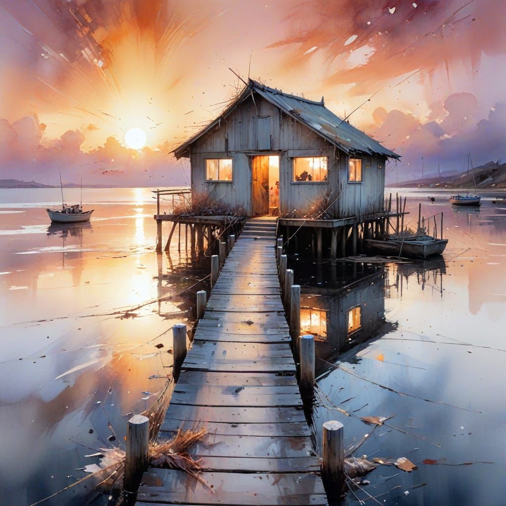 Weathered Fishing Hut on Sunset Dock