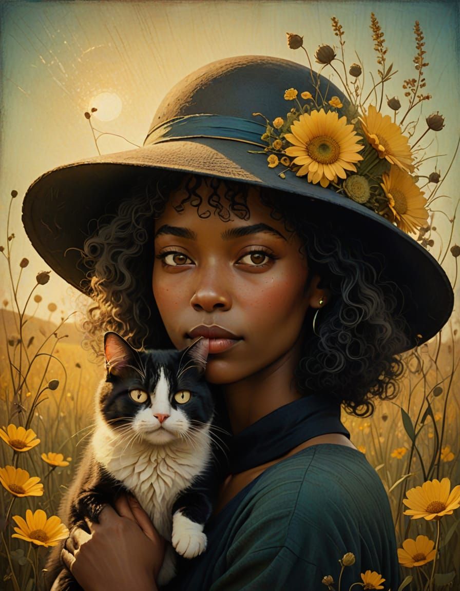 Whimsical Black Woman and Furry Cat Amidst Vibrant Wildflowe...