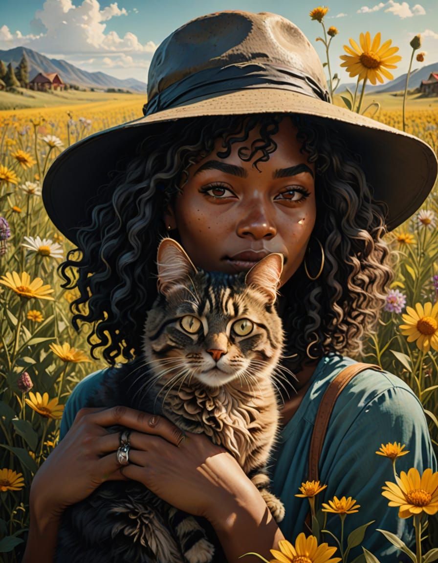 Whimsical Portrait of a Black Woman and Her Curly-Haired Cat