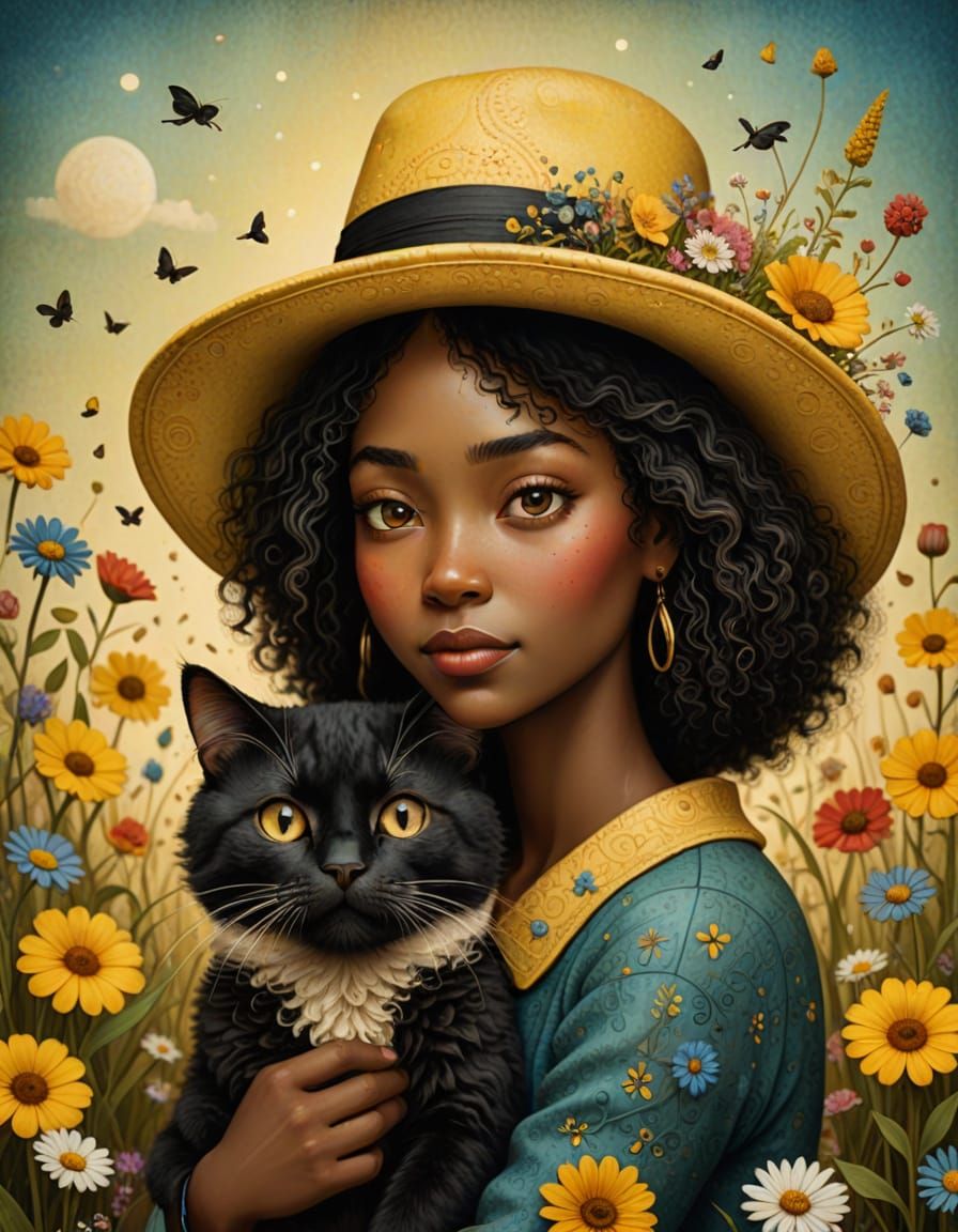 Surreal Whimsical Portrait of a Black Woman and Cat in a Flo...
