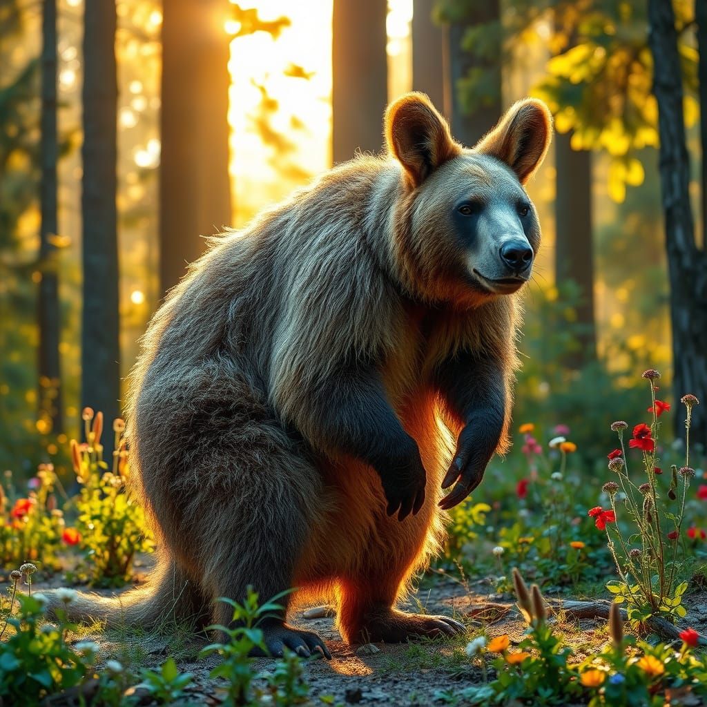 Majestic Bear-Kangaroo Hybrid in a Sun-Dappled Forest