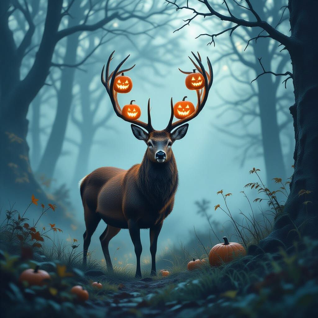 Majestic Deer With Pumpkin Antlers In Misty Forest