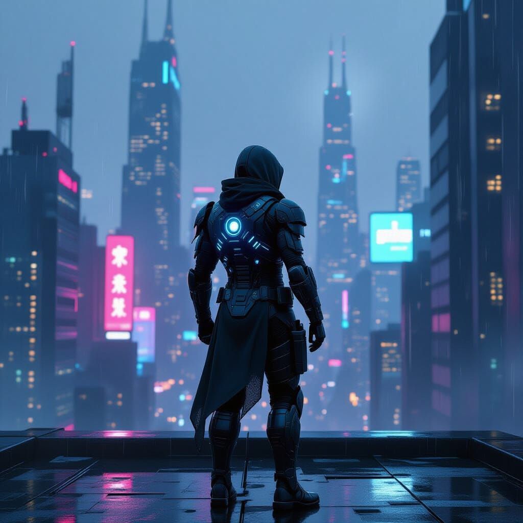 Cybernetic Warrior Overlooking Neon Cityscape