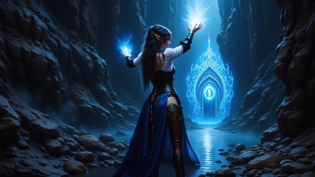 Elf Sorceress Opens Portal in Canyon
