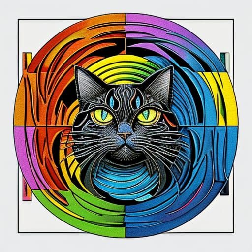 colorful woodblock cat painting, style of Piet Mondrian.