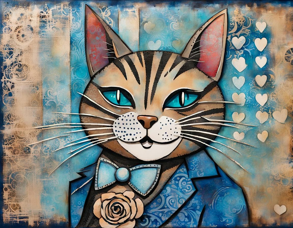 Alice in Wonderland Cat with Washi Tape in Mixed Media