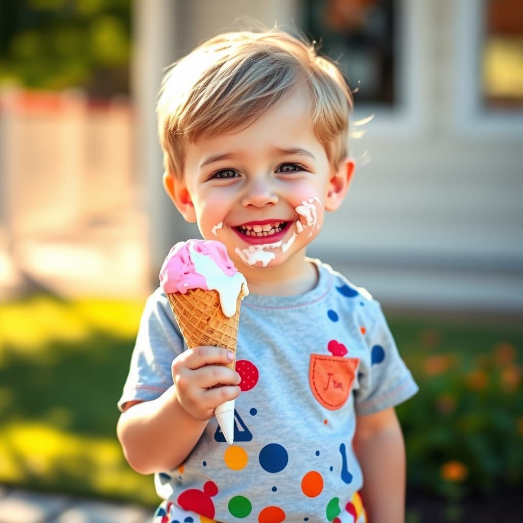 Joyful Toddler with Melted Ice Cream Cone